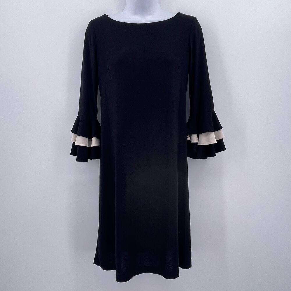 Danny and Nicole Sz 4 Black High Neck Dress 3/4 Ruffle Bell Sleeves Back Zip